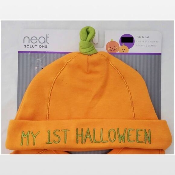 New Baby Orange Pumpkin Halloween Bib & Hat Set - Picture 2 of 13